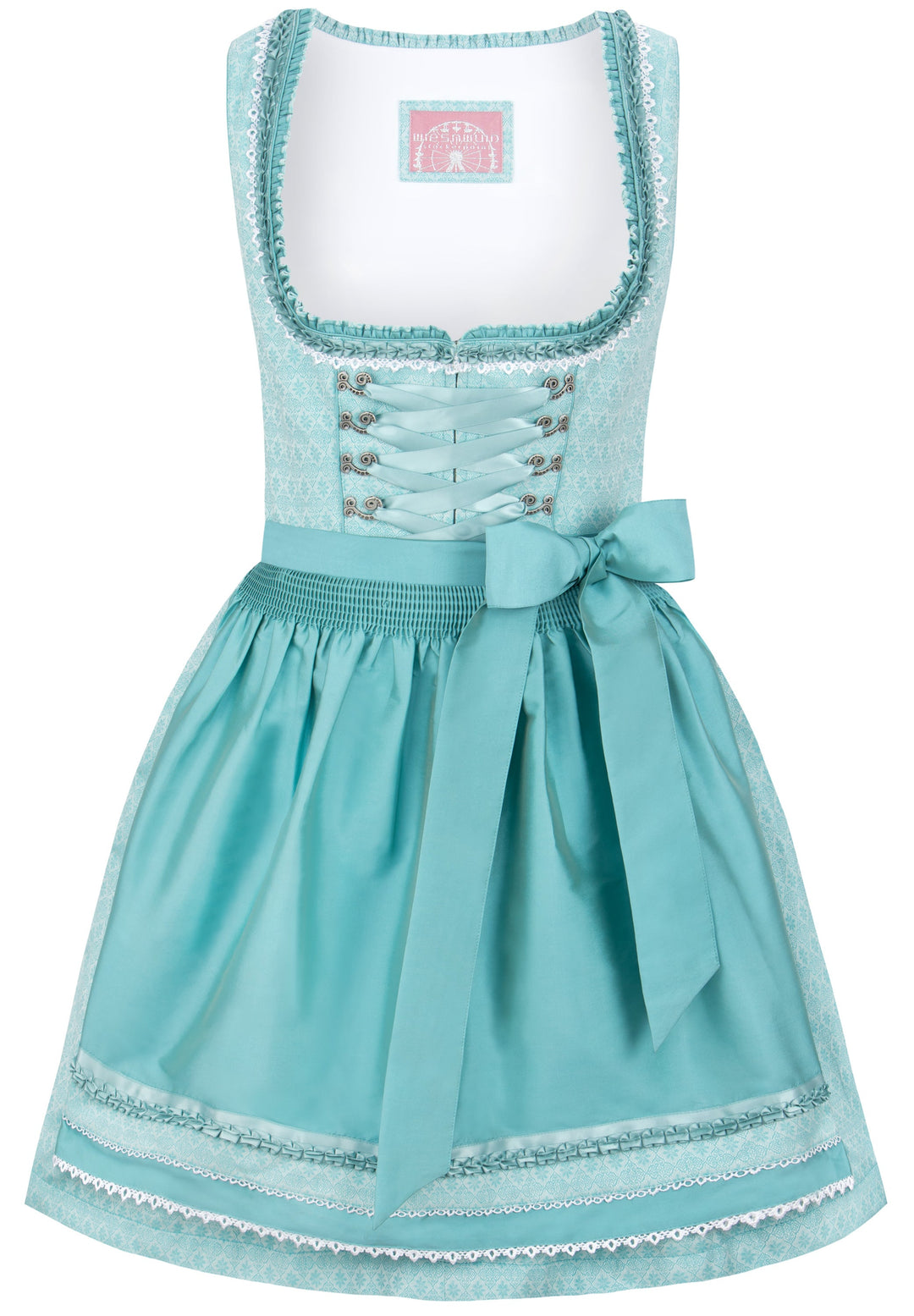 Dirndl Mini Damen | Türkisfarbenes Trachtenkleid mit Schnürmieder, Schürze und 50 cm Rocklänge