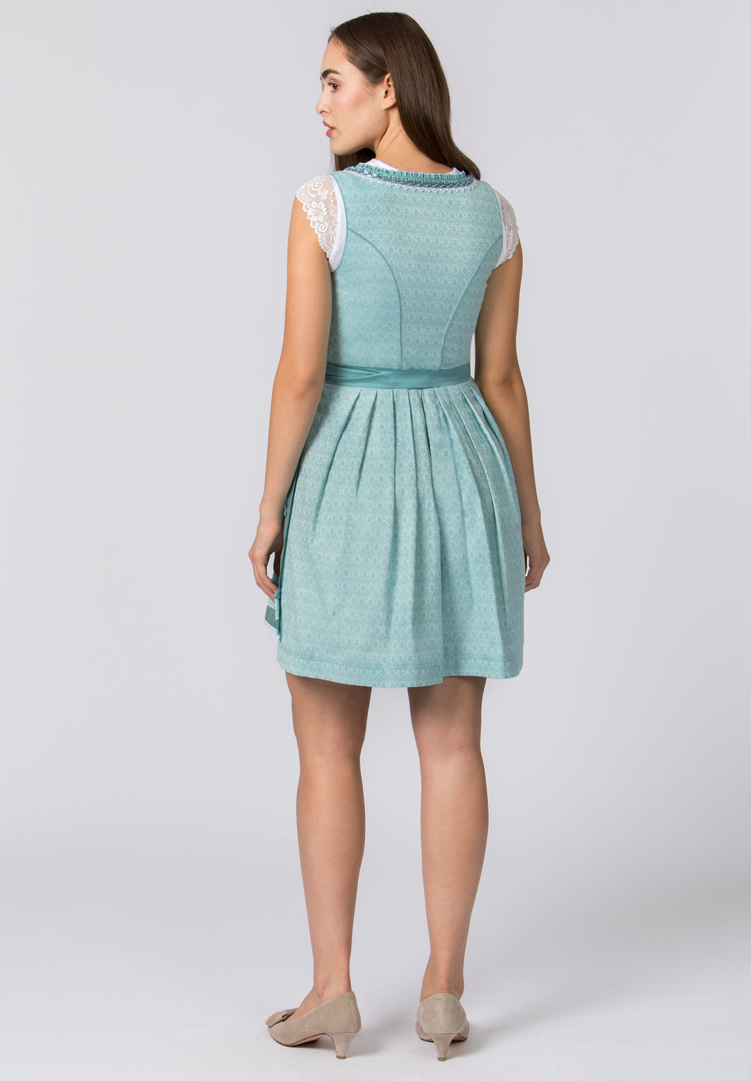Dirndl Mini Damen | Türkisfarbenes Trachtenkleid mit Schnürmieder, Schürze und 50 cm Rocklänge