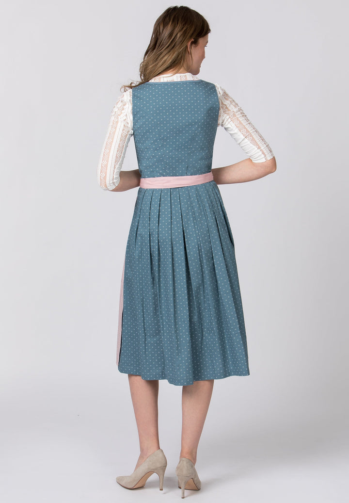 Dirndl lang Damen | Rauchblaues Trachtenkleid mit geradem Ausschnitt, Zierknöpfen und 70 cm Rocklänge