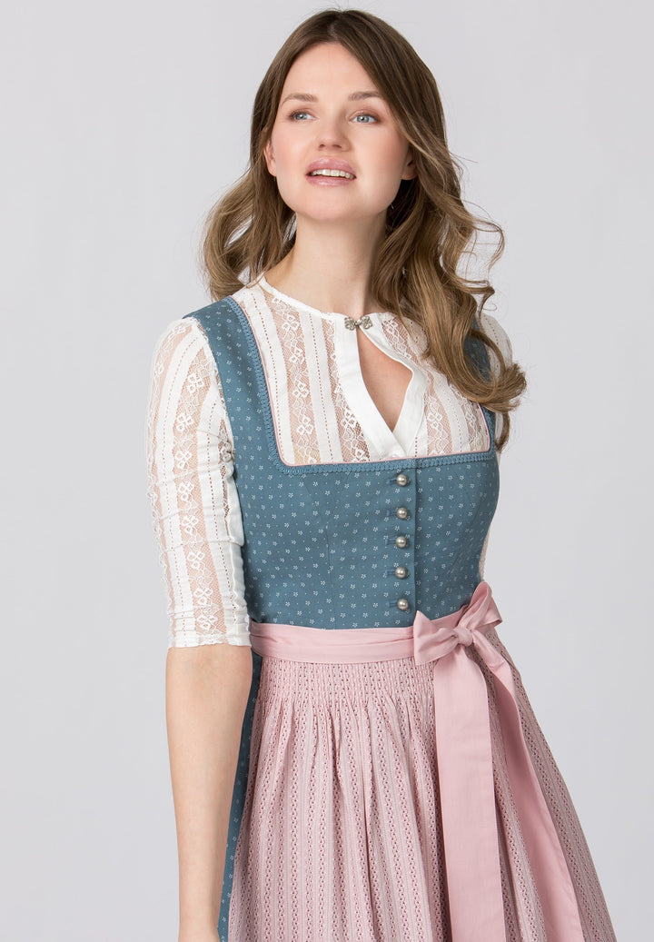 Dirndl lang Damen | Rauchblaues Trachtenkleid mit geradem Ausschnitt, Zierknöpfen und 70 cm Rocklänge