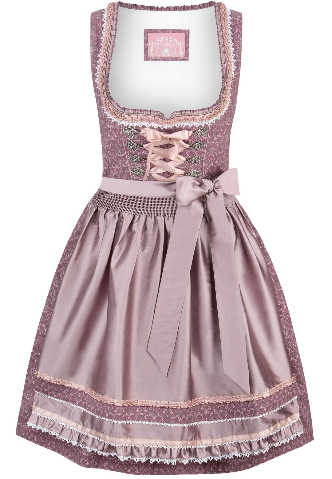 Dirndl Mini Damen | Beerenfarbenes Trachtenkleid mit Schnürmieder, Schürze und 55 cm Rocklänge