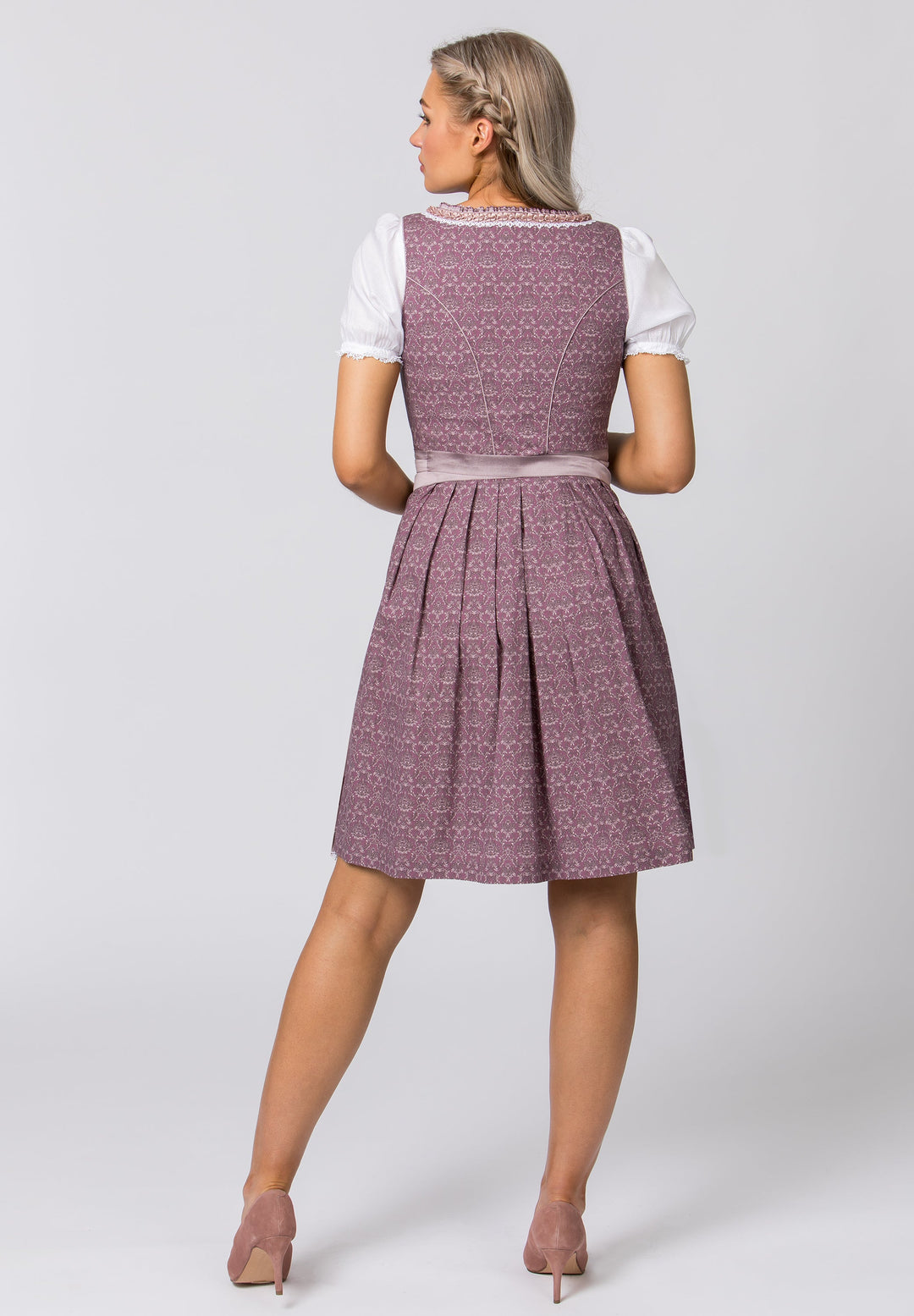 Dirndl Mini Damen | Beerenfarbenes Trachtenkleid mit Schnürmieder, Schürze und 55 cm Rocklänge