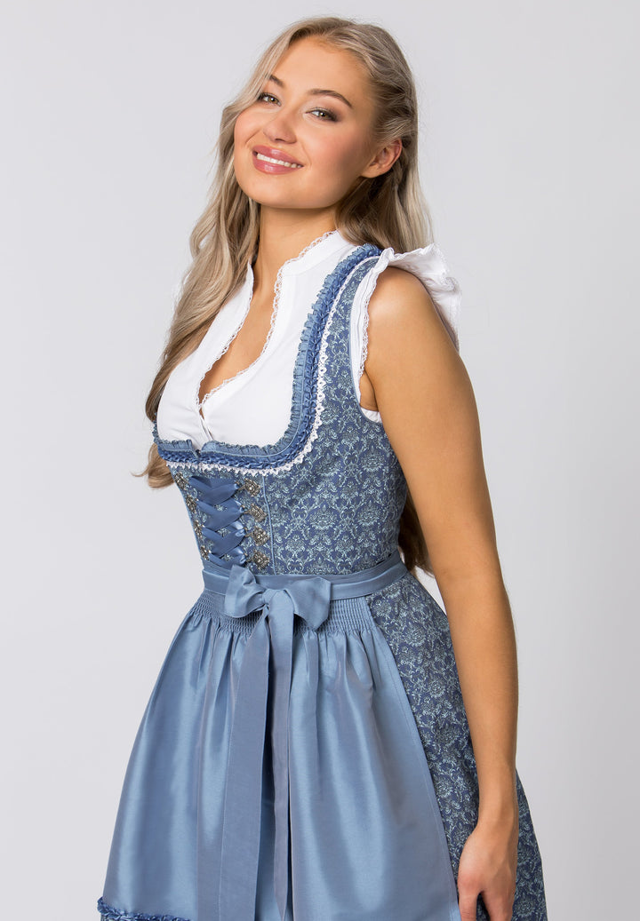 Dirndl Mini Damen | Blaues Trachtenkleid mit Schnürmieder, Schürze und 55 cm Rocklänge