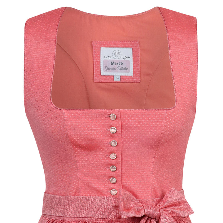 Damen Dirndl Koralle | Midi Trachtenkleid mit Knopfleiste, eckigem Ausschnitt und 70 cm Rocklänge