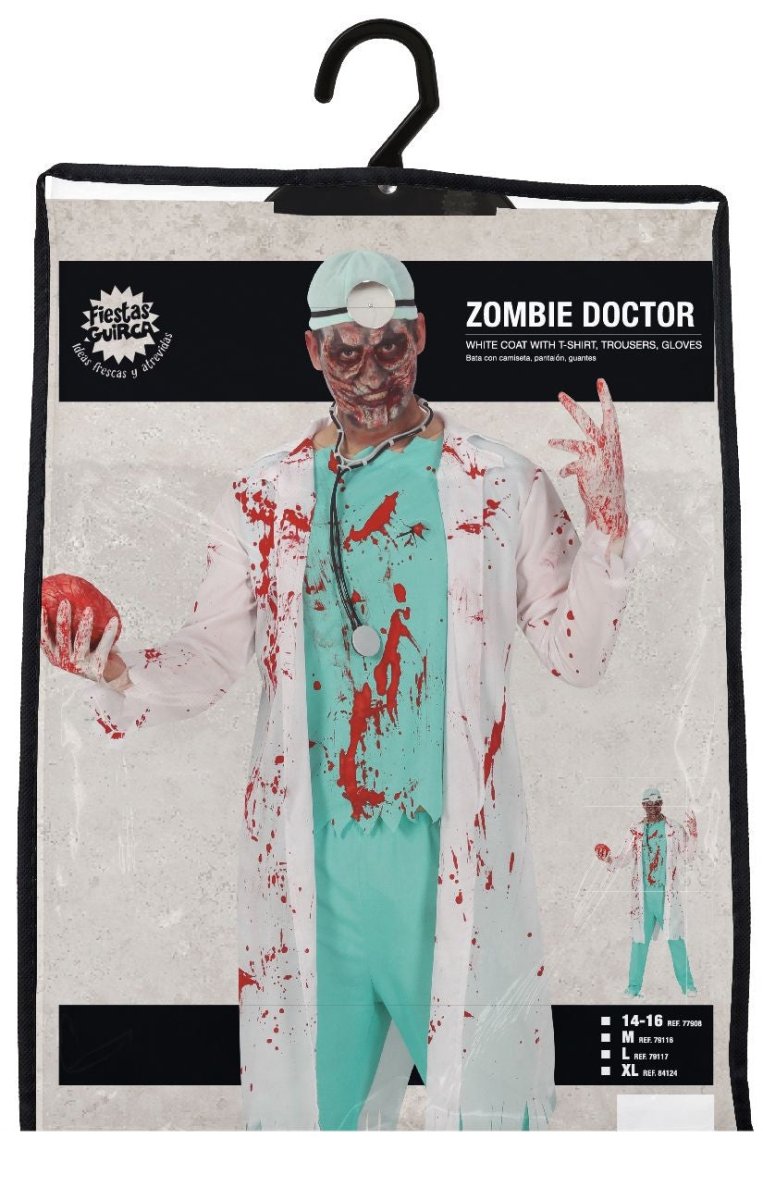Zombie Arzt Kostüm Herren | Halloween-Kostüm mit weißer Jacke, T-Shirt und Hose für Halloween- und Mottopartys