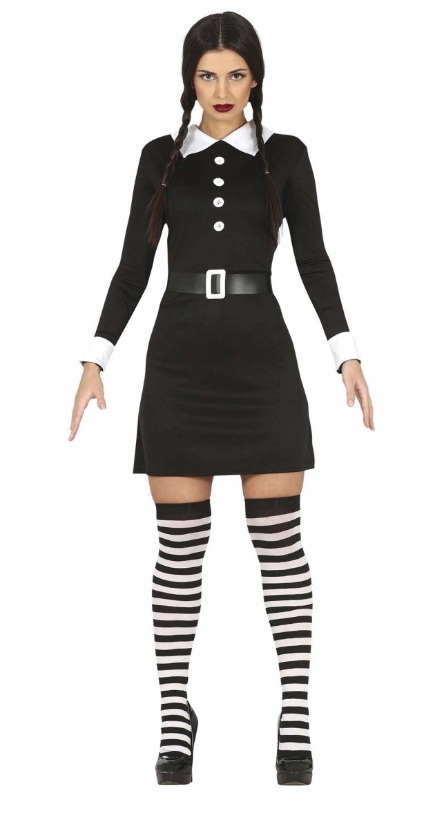 Wednesday Kostüm Damen | Schwarzes Halloween-Kleid mit Gürtel für Gothic-, Halloween- und Mottopartys