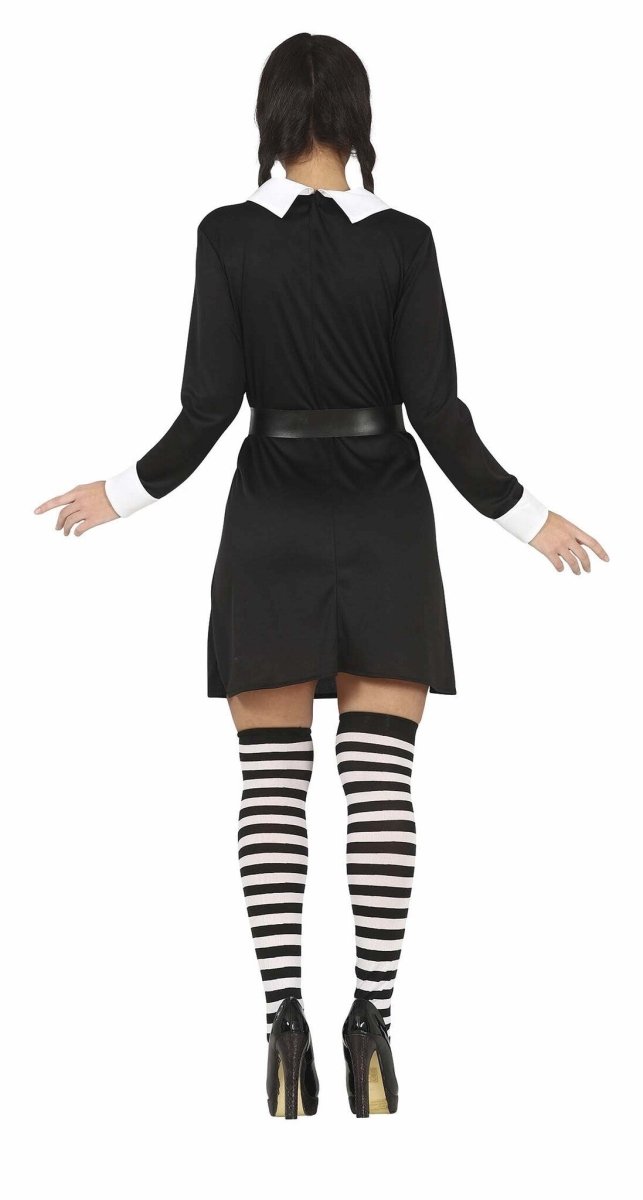 Wednesday Kostüm Damen | Schwarzes Halloween-Kleid mit Gürtel für Gothic-, Halloween- und Mottopartys