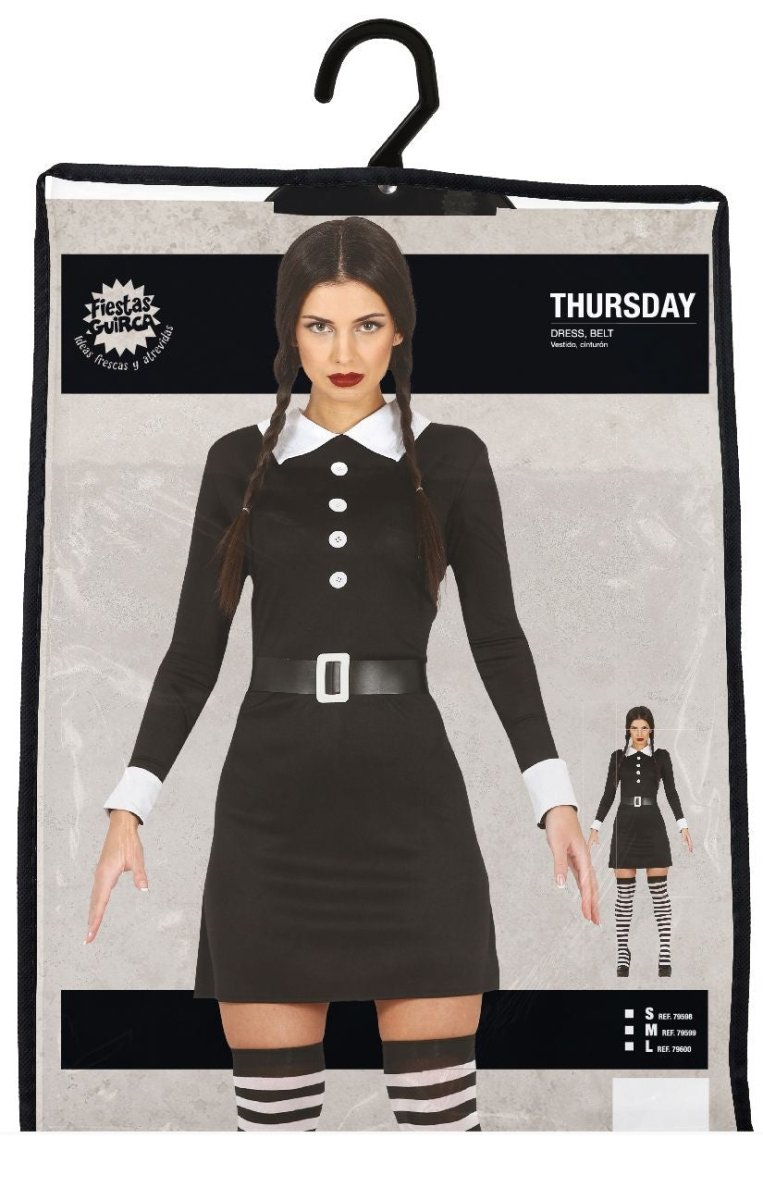 Wednesday Kostüm Damen | Schwarzes Halloween-Kleid mit Gürtel für Gothic-, Halloween- und Mottopartys