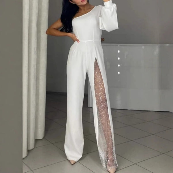 Damen One-Shoulder Jumpsuit mit Glitzer | Eleganter Abendoverall mit Weitem Bein | Figurbetonte Passform für Hochzeit &amp; Party