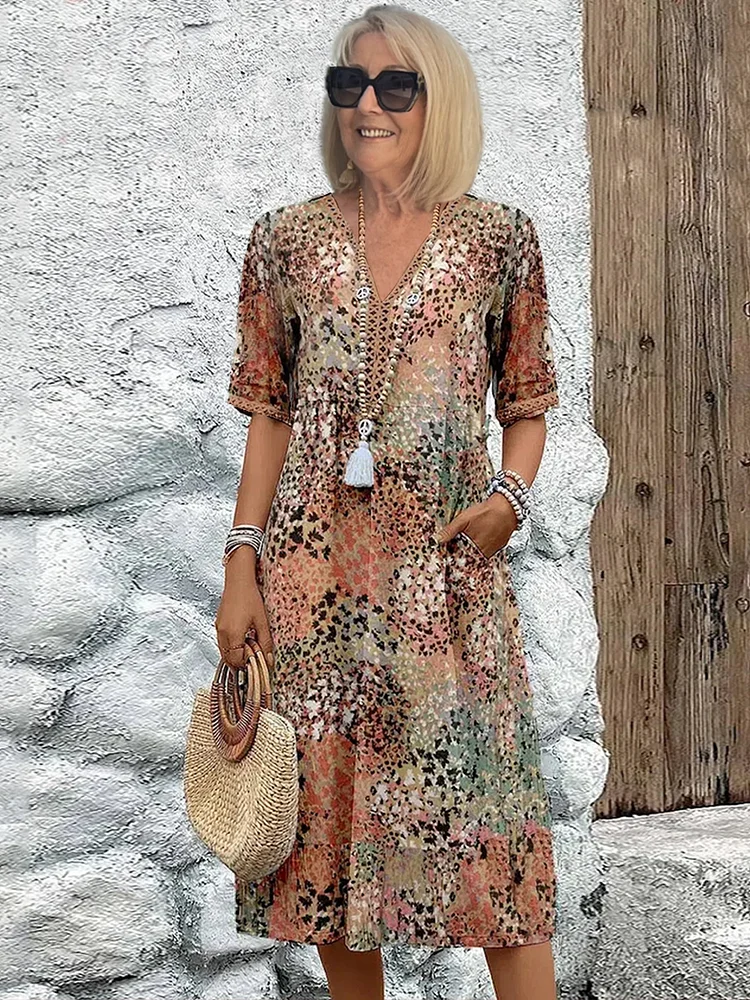 Damen Sommerkleid mit V-Ausschnitt | Leichtes luftiges Kleid für warme Tage | Vielseitiges Freizeitkleid