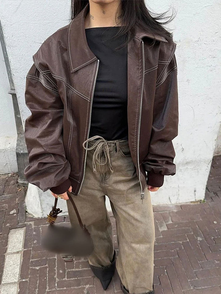 Damen Bomberjacke | Klassischer Blouson aus hochwertigem Kunstleder mit Reißverschluss und gerippten Bündchen