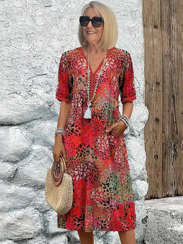 Damen Sommerkleid mit V-Ausschnitt | Leichtes luftiges Kleid für warme Tage | Vielseitiges Freizeitkleid