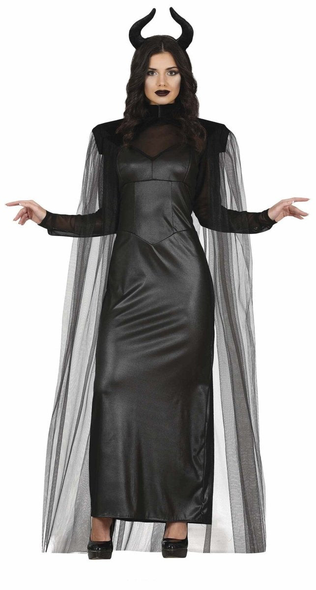 Teufelin Kostüm Damen | Halloween-Kostüm mit Kleid, Cape und Stirnband für Halloween- und Mottopartys