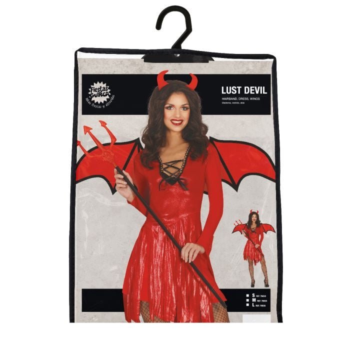 Damen Teufel Kostüm Rot | 3-teiliges Halloween Kostüm mit Kleid, Flügeln und Haarband für Halloween und Mottoparty