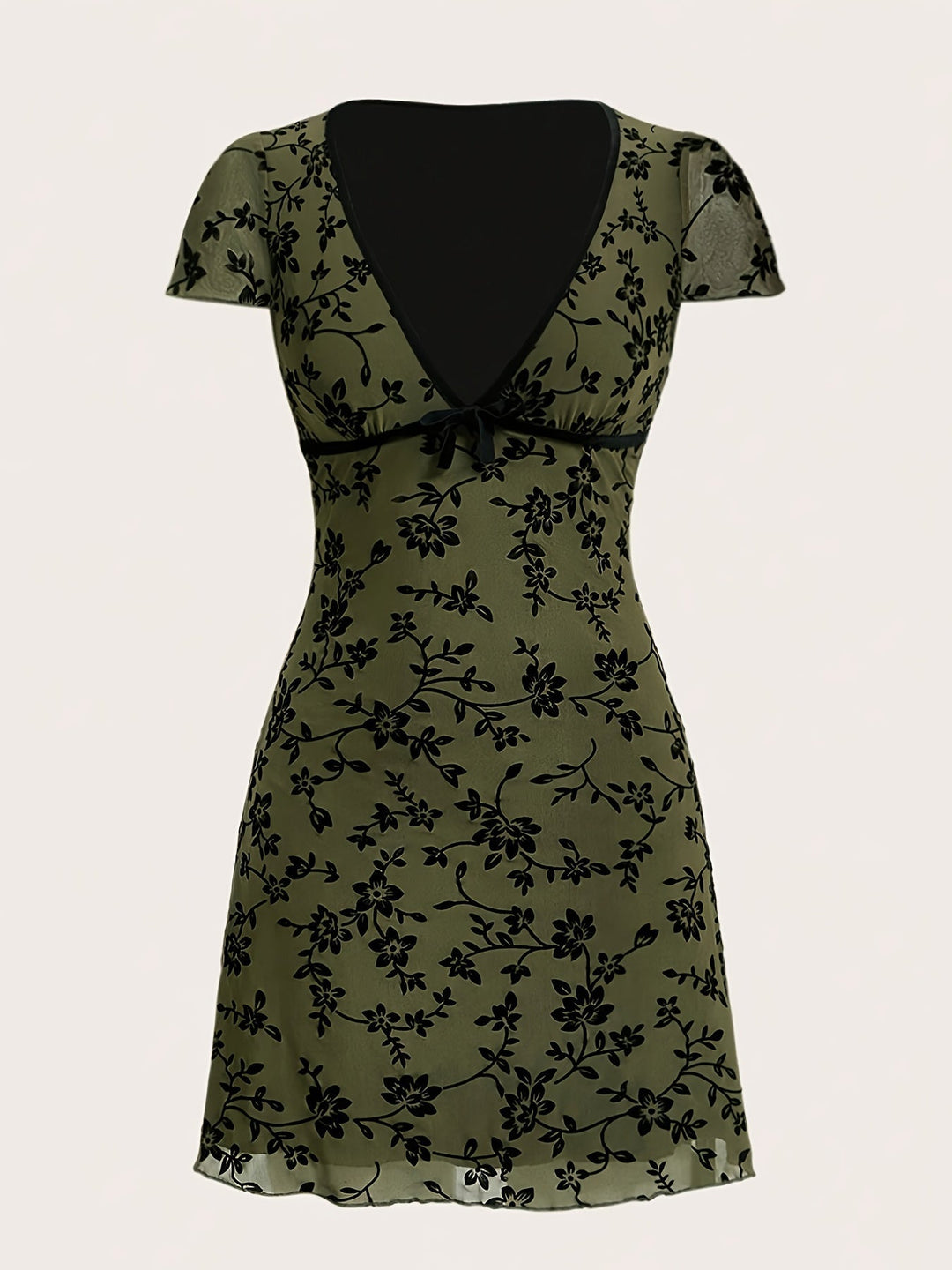 Blumiges Strickkleid mit V-Ausschnitt | A-Linie mit schwarzer Einfassung | Weich, elastisch, elegant für Alltag &amp; Anlass