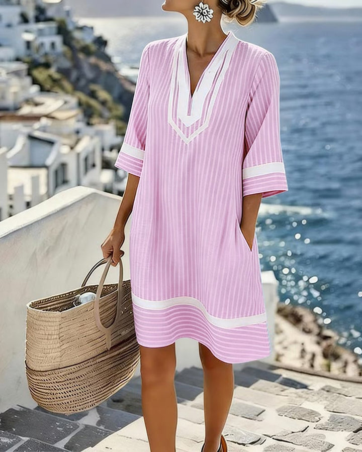Damen Sommerkleid mit Streifen | Luftiges Shift-Kleid mit V-Ausschnitt, Seitentaschen &amp; lockerem Schnitt für Alltag &amp; Urlaub