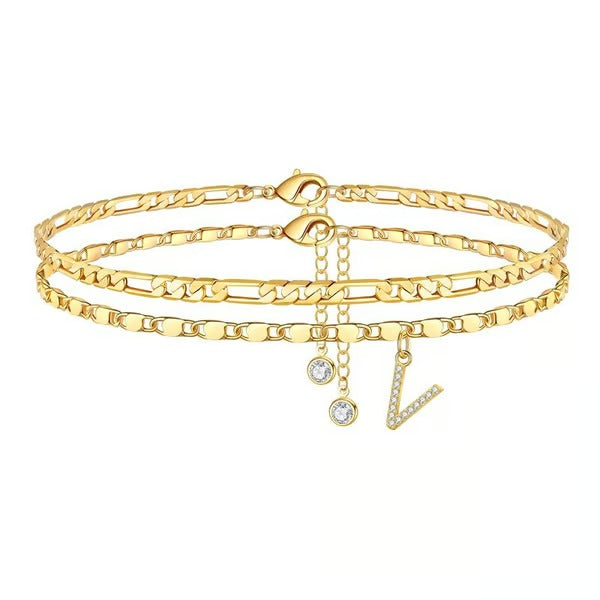 Chaîne de cheville lettres multicouches et réglable | Hypoallergénique, sans nickel ni plomb | Or/argent | 21,5 cm + 5 cm