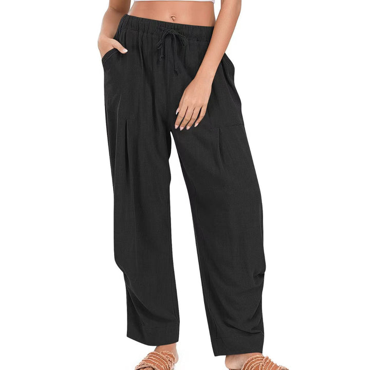 Damen Leinenhose mit Kordelzug aus Baumwoll-Leinen | Gerade Loungehose mit Taschen | Lockere Sommerhose für Alltag &amp; Freizeit