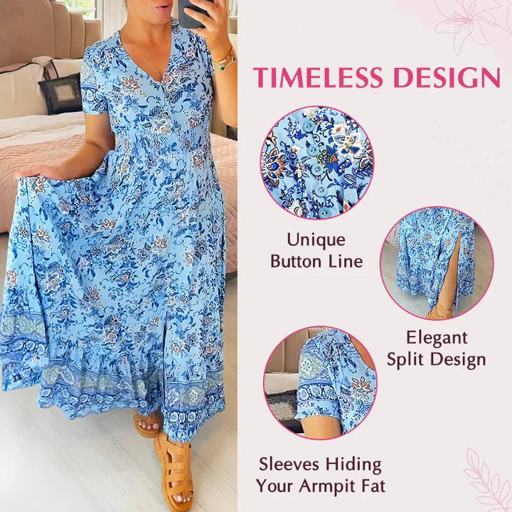 Schmeichelndes Sommerkleid aus Stretch-Baumwollmischung | V-Ausschnitt für feminine Linie | Bequem &amp; vielseitig | Größen XS–5XL