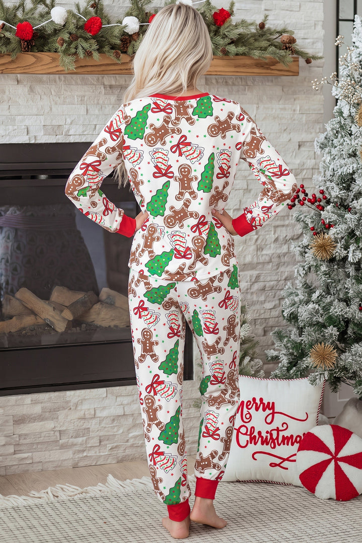 Damen Weihnachtspyjama 2-teilig in Weiß | Langarmoberteil mit V-Ausschnitt und Knöpfen | Lange Hose mit verstellbarem Kordelzug