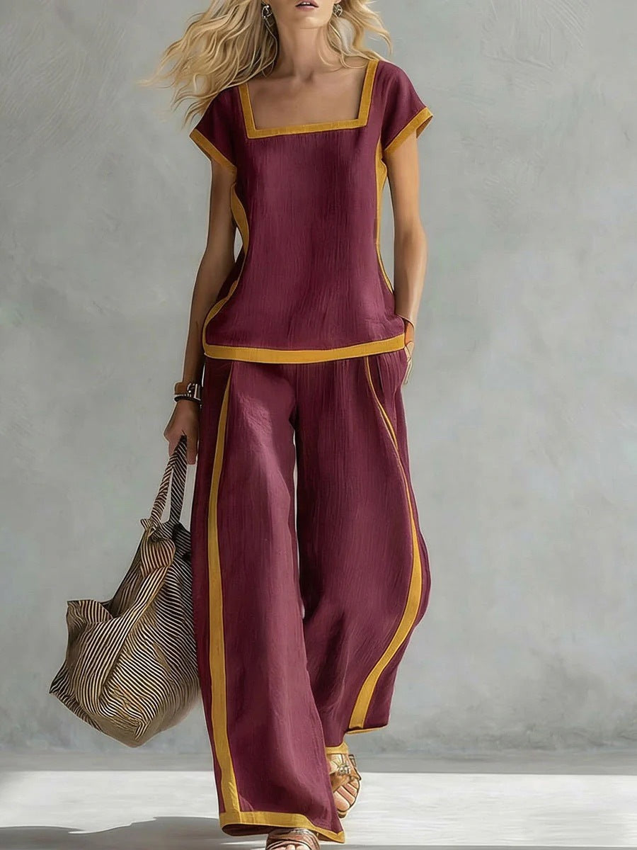 Damen Zweiteiler Set | Casual Outfit mit Karree-Ausschnitt und lockerer Hose für Alltag und Freizeit