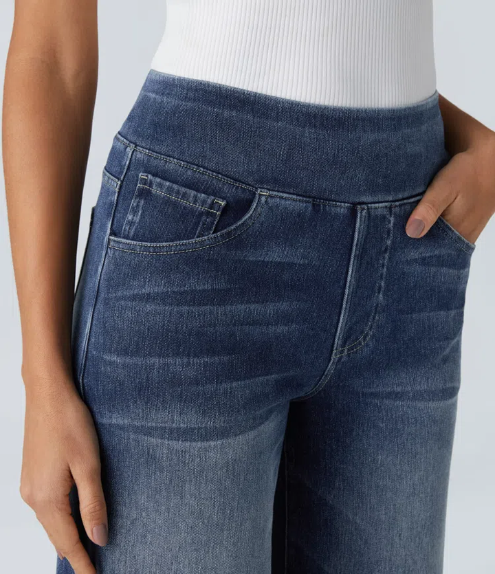 Damen Jeans High Waist Wide Leg | Vier-Wege-Stretch &amp; ohne Reißverschluss | Bequem, formend &amp; mit Taschen, XS–5XL