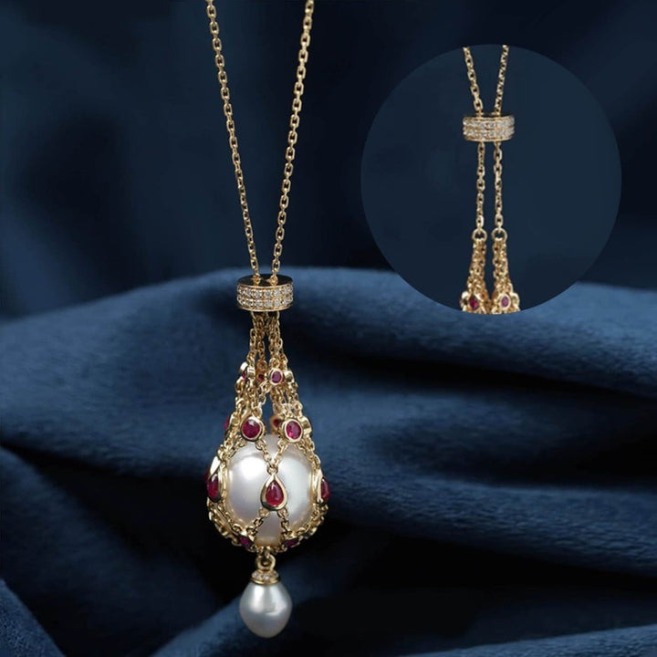 Perlen-Anhänger mit Süßwasserperle &amp; Edelstein | Lavalier-Design, zeitlose Eleganz | 35 Zoll Kette, 14–15 mm Perle
