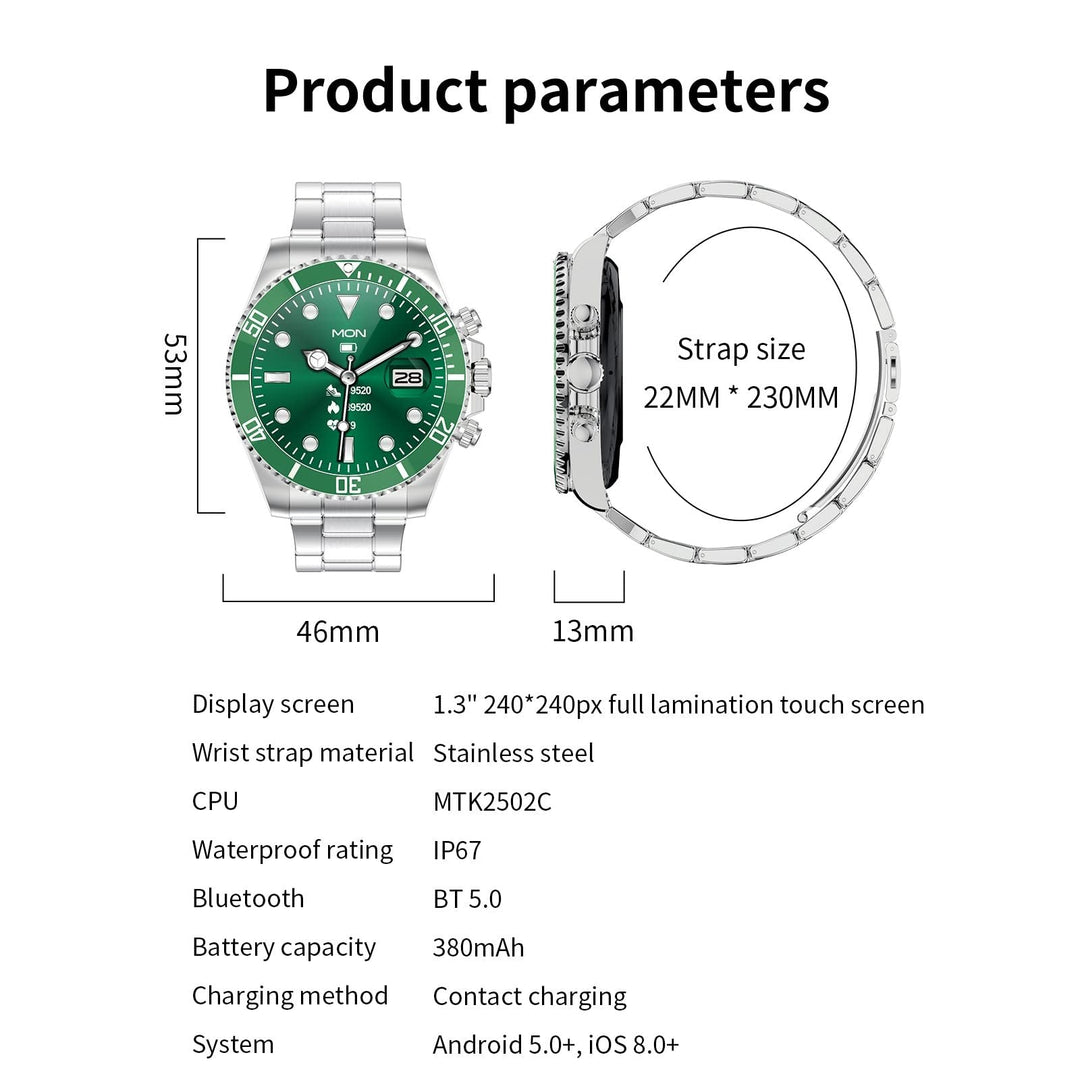 Montre connectée écran HD 1,28 pouce | Lunette rotative &amp; appels Bluetooth | Fréquence cardiaque, sommeil, modes sport, bracelet acier inoxydable