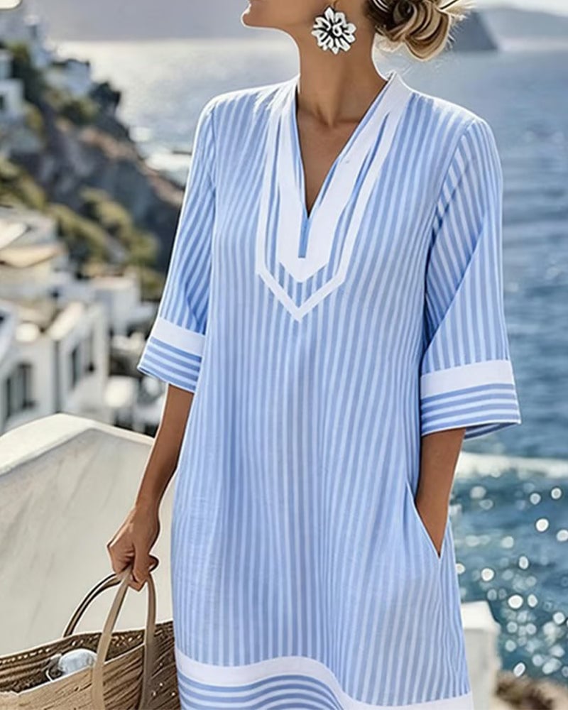 Damen Sommerkleid mit Streifen | Luftiges Shift-Kleid mit V-Ausschnitt, Seitentaschen &amp; lockerem Schnitt für Alltag &amp; Urlaub
