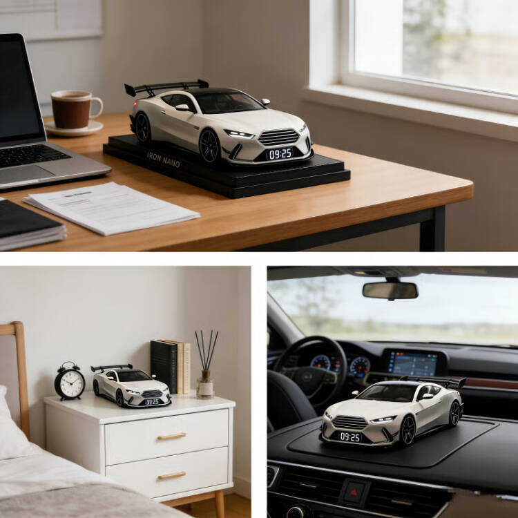 Auto-herätyskello hyperauton muotoilulla | Moottorin käynnistysääni &amp; LED-näyttö | Liekkien/sumun tehoste esitysmomentteihin | Koriste &amp; hälytys