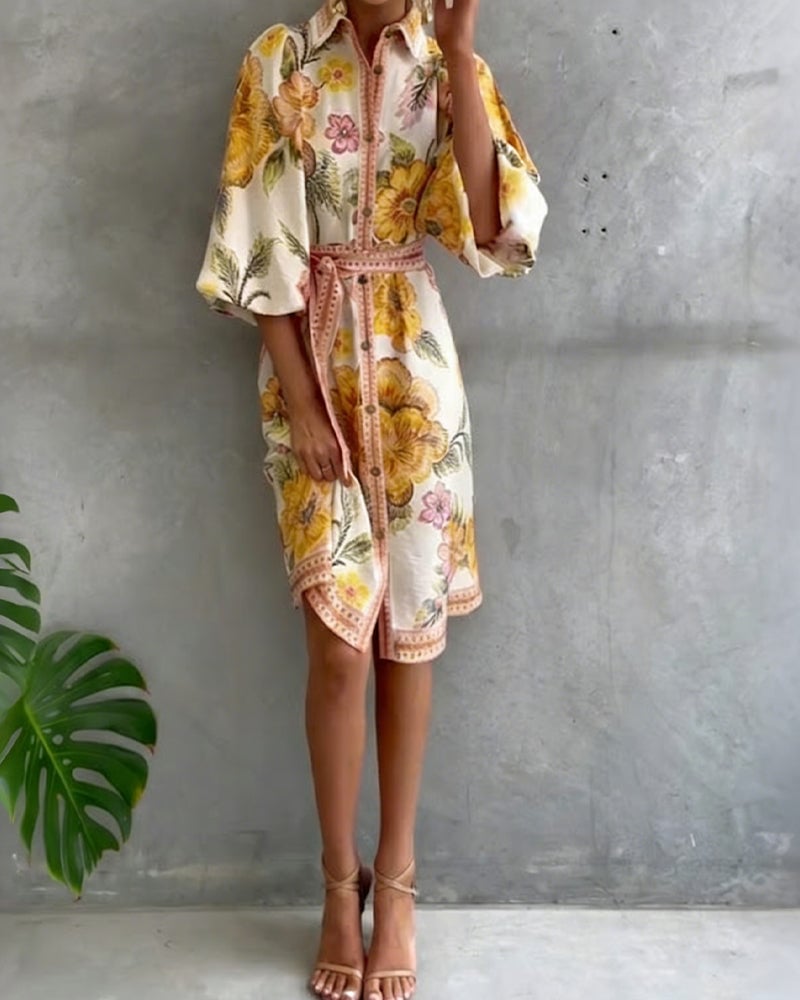 Damen A-Linien Kleid mit Print | Knielanges Kleid mit Reverskragen &amp; Laternenärmeln | Elegant für Frühling &amp; Sommer