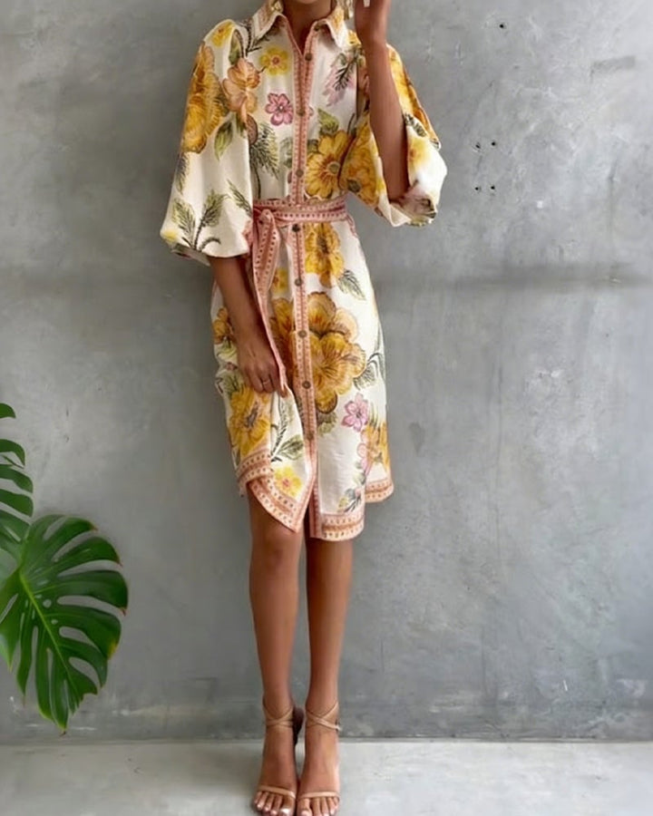 Damen A-Linien Kleid mit Print | Knielanges Kleid mit Reverskragen &amp; Laternenärmeln | Elegant für Frühling &amp; Sommer