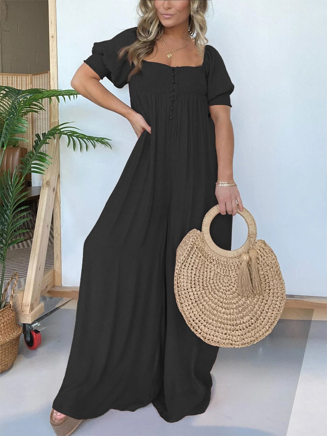 Damen Jumpsuit mit quadratischem Ausschnitt | gesmocktes Oberteil &amp; Taschen | locker-lässig, Coco-Muster | ideal für Sommer &amp; Urlaub
