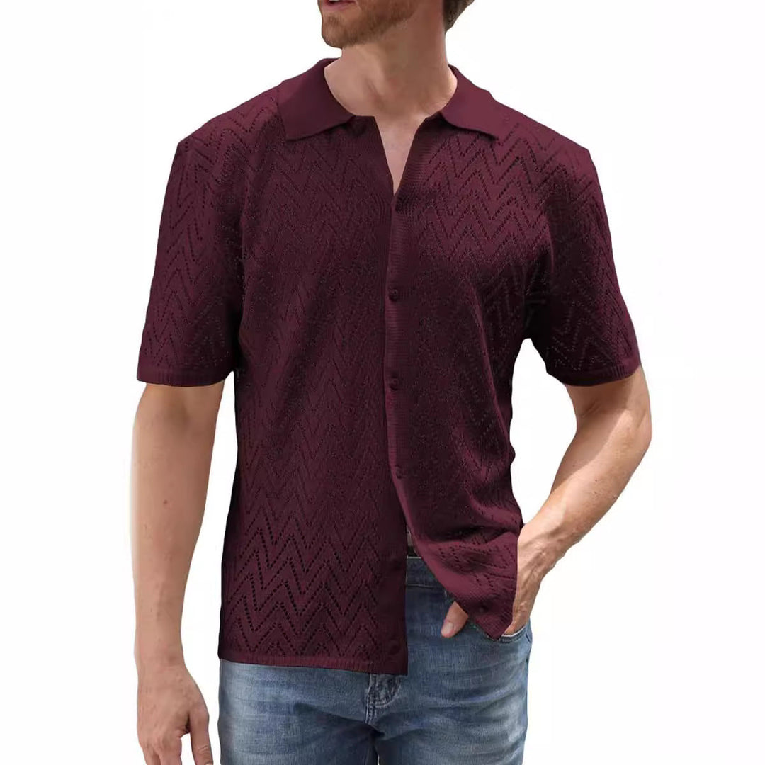 Herren Sommer Shirt Kurzarm Polyester mit Hohlmuster | Lockerer Freizeit-Look | Atmungsaktives Hemd für Urlaub und Alltag