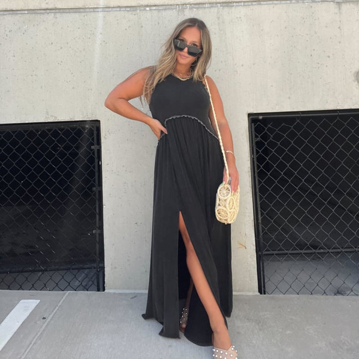 Damen Maxikleid mit Schlitz | luftiges Sommer Tankkleid mit Empire-Taille | Stufenrock &amp; Spitzensaum | locker fallend