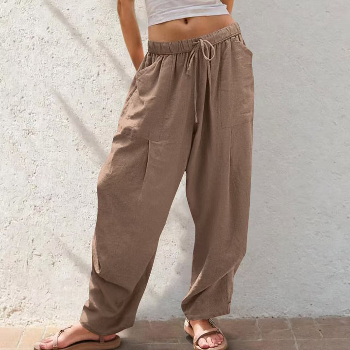 Damen Leinenhose mit Kordelzug aus Baumwoll-Leinen | Gerade Loungehose mit Taschen | Lockere Sommerhose für Alltag &amp; Freizeit