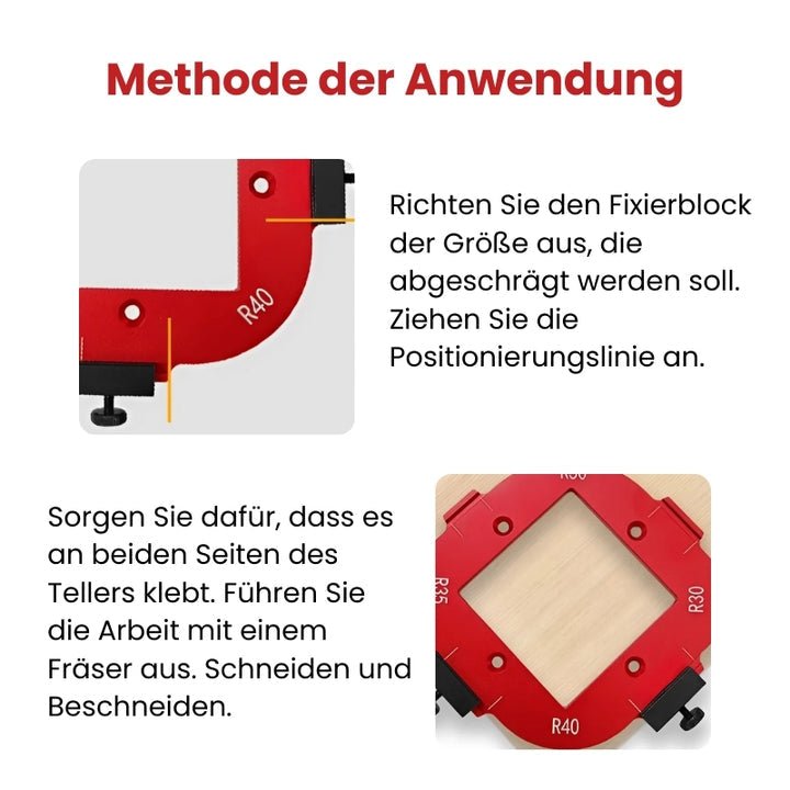 Oberfräsen-Eckenschablonen 4-in-1 aus Aluminium – CornerCommand für perfekte Radien R30–R50 | Präzise Ausrichtung | Robust