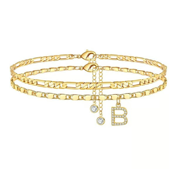 Chaîne de cheville lettres multicouches et réglable | Hypoallergénique, sans nickel ni plomb | Or/argent | 21,5 cm + 5 cm