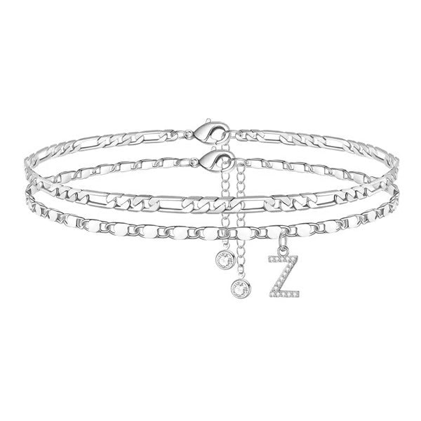 Chaîne de cheville lettres multicouches et réglable | Hypoallergénique, sans nickel ni plomb | Or/argent | 21,5 cm + 5 cm