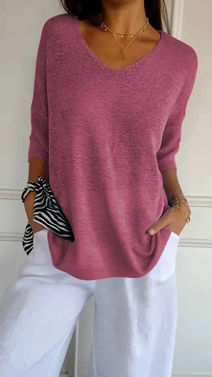 Top en maille à col en V pour femmes | Manches 3/4