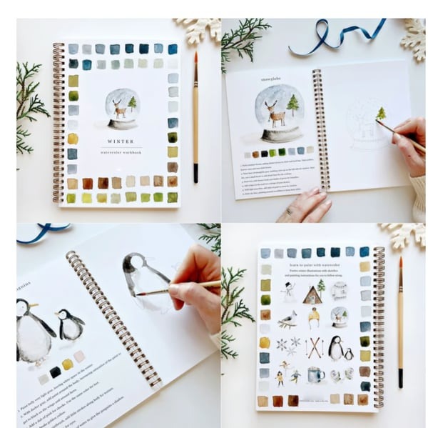 Cahier de travail aquarelle pour débutants | 12 motifs avec guide étape par étape | Papier 120 lb, 6,5"×9", mélange et peinture