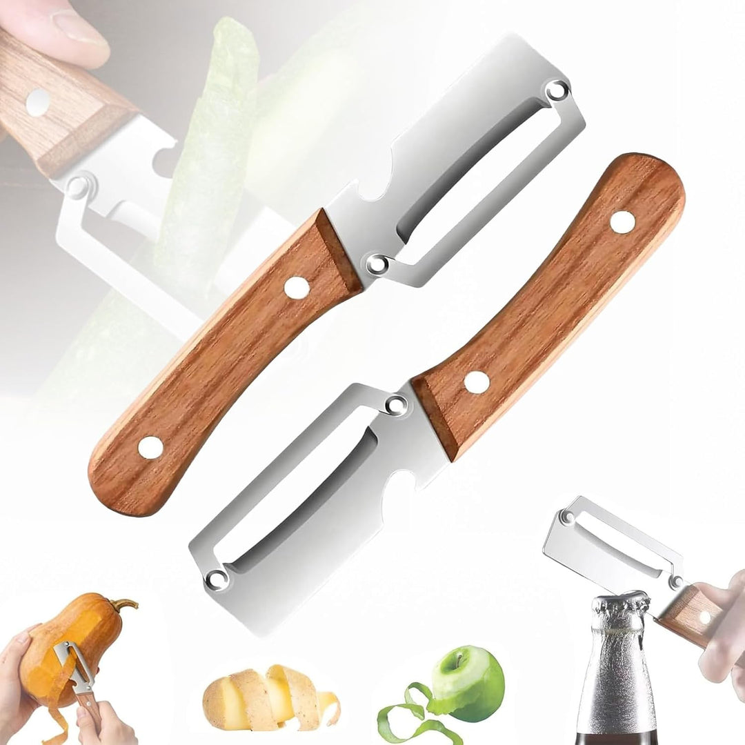 Obst- und Gemüseschäler | 2-in-1 Edelstahlschäler mit breiter Klinge, ergonomischem Holzgriff und Flaschenöffner