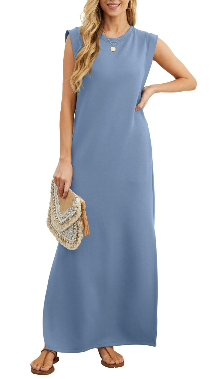 Damen Maxikleid mit Seitenschlitz | Ärmelloses Sommerkleid mit Taschen | Lockeres Freizeitkleid