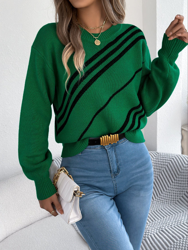 Damen Strickpullover mit Streifenmuster | Lässiger Pullover mit Rundhalsausschnitt, langen Ballonärmeln und bequemer Passform