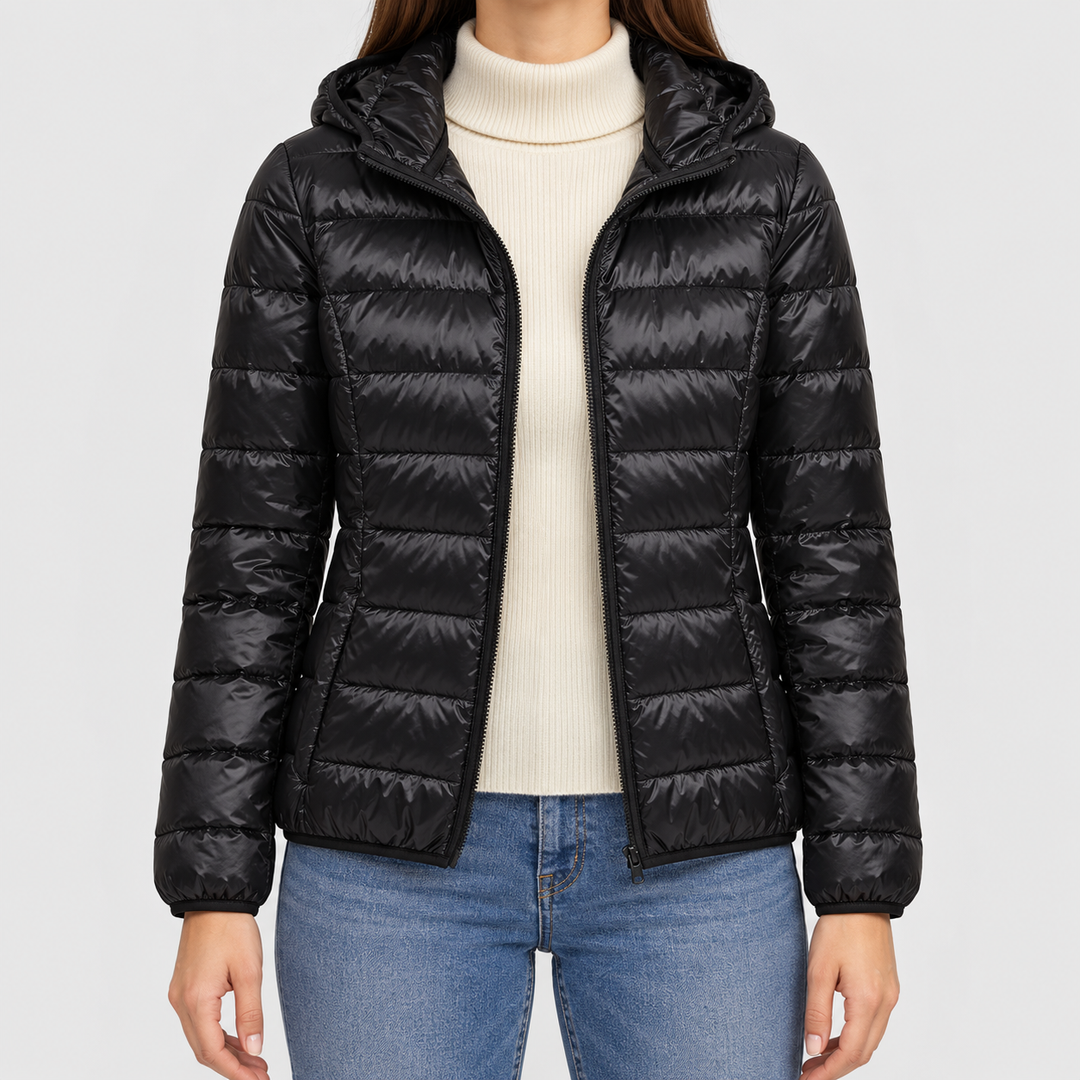Damen Steppjacke kurz mit Kapuze | Kurzjacke mit horizontaler Steppung, Stehkragen und Reißverschluss für vielseitige Looks