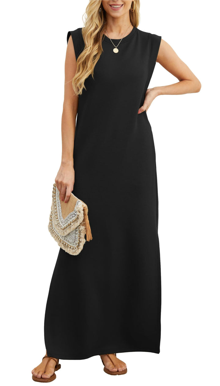 Damen Maxikleid mit Seitenschlitz | Ärmelloses Sommerkleid mit Taschen | Lockeres Freizeitkleid