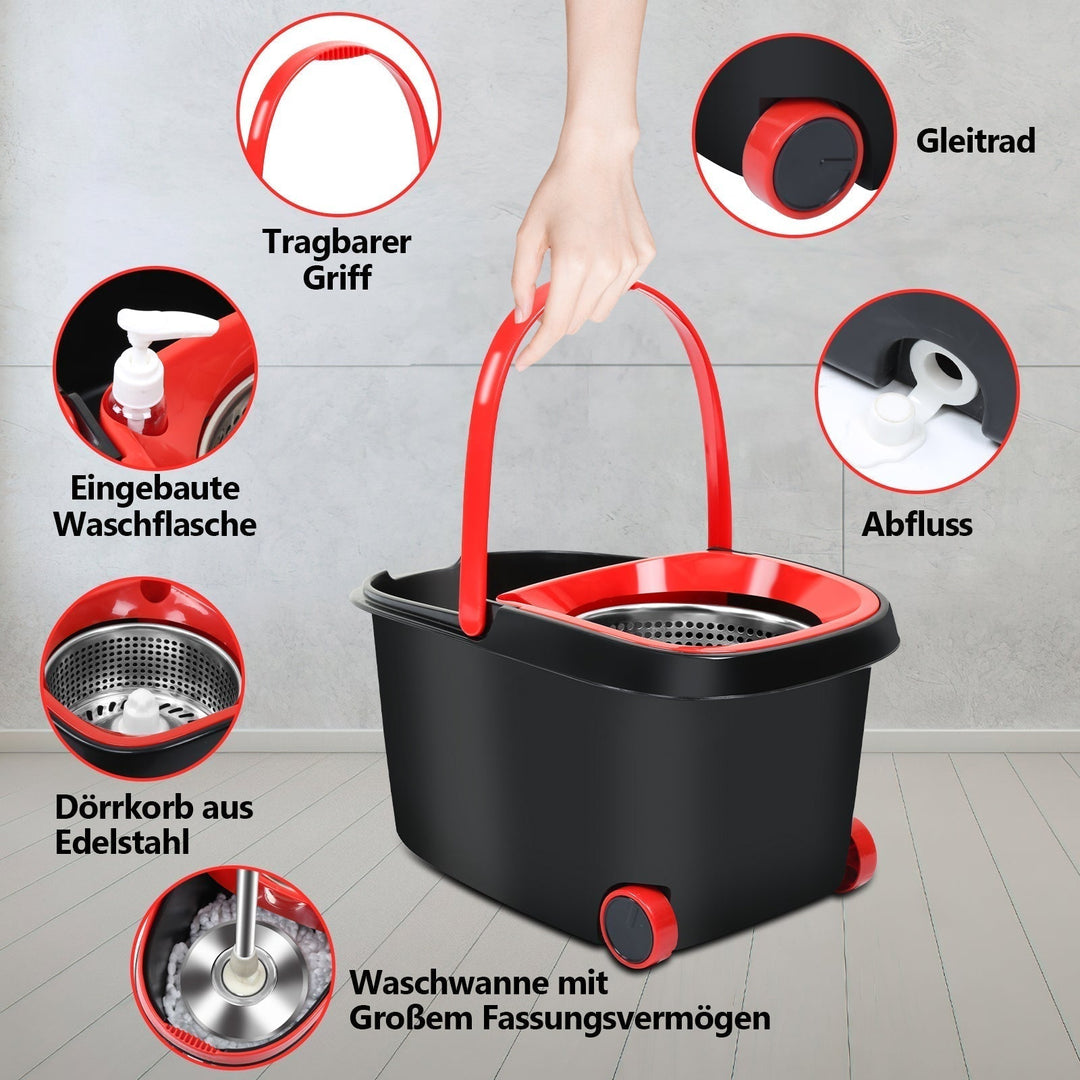 Wischmopp-Set mit Eimer | 360° Bodenwischer mit Zwei-Zonen-System | 3 Mikrofaserbezüge &amp; Teleskopstiel