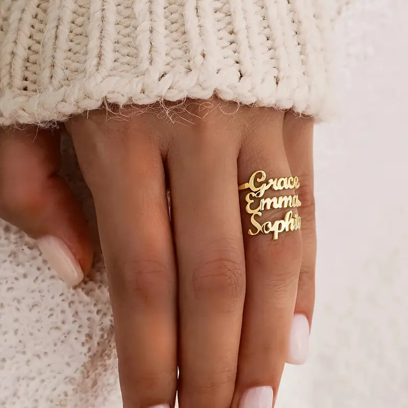 Personalisierbarer Namensring mit 2 Namen | Edelstahl mit 18K-Vergoldung | Verstellbare Größe | Gold, Silber &amp; Roségold
