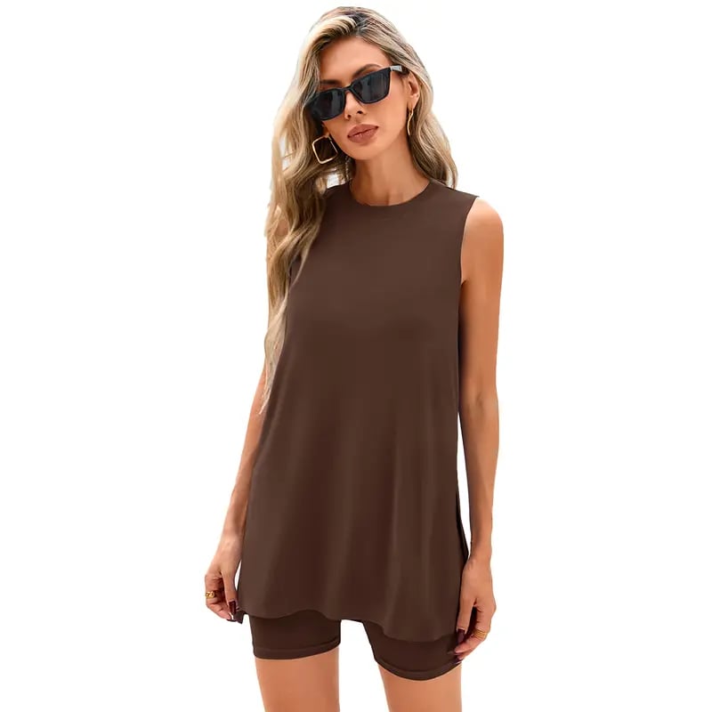 Damen Lounge-Set mit Biker-Shorts | Zweiteiliges Freizeit-Set mit ärmellosem Oberteil | Bequemes Sommer-Outfit für Alltag &amp; Urlaub