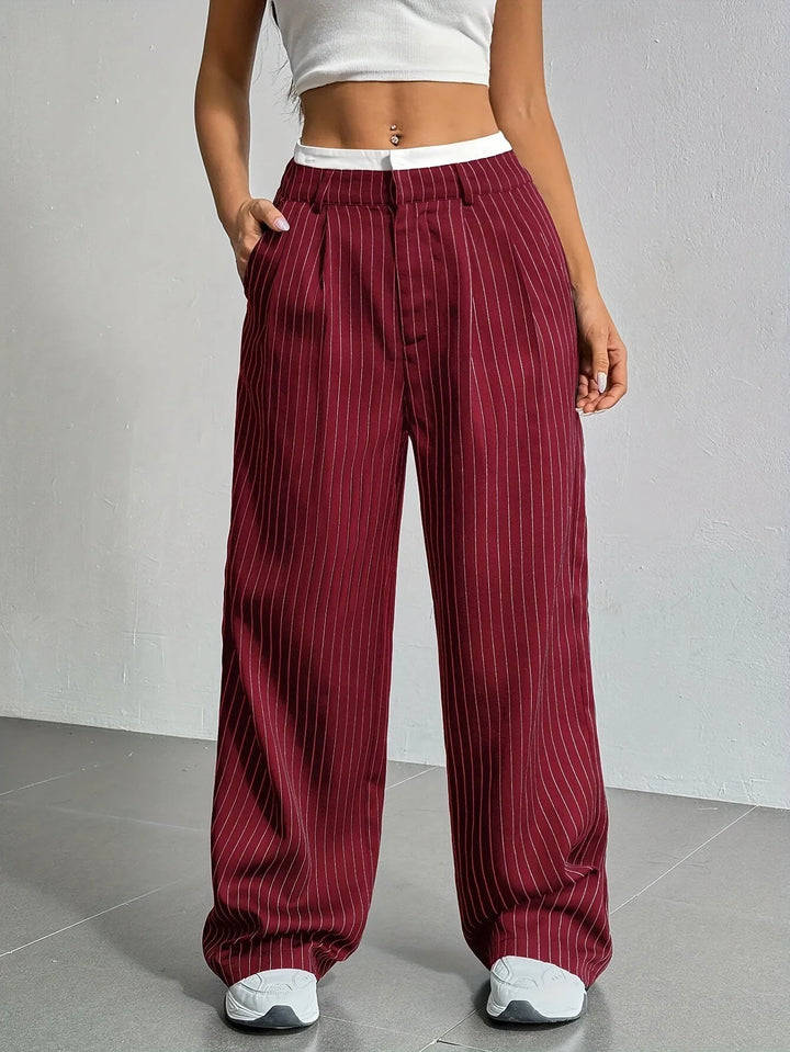 Naisten korkeavyötäröiset kangashousut neuloshihnalla | Löysä leikkaus, vartaloa muotoileva | Pehmeät, piilotetut taskut, toimistoon &amp; iltaan